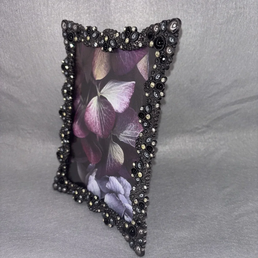 Ornate Jeweled Metal Picture Frame 5‎ X 7 Rhinestones Faux Onyx Silver Tone EUC